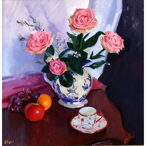 2965 - NORMAN EDGAR RGI (SCOTTISH b.1948)STILL LIFE, PINK ROSES AND FRUITOil on canvas, signed lower left, ... 