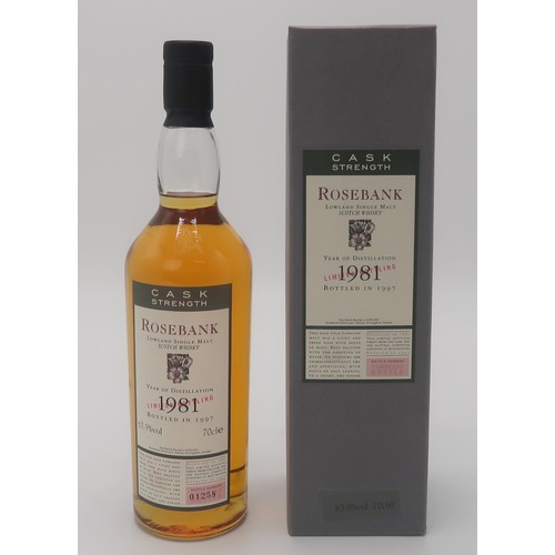 2652 - ROSEBANK 1981 SINGLE MALT LOWLAND SCOTCH WHISKYThis limited bottling number 01258 natural cask stren... 