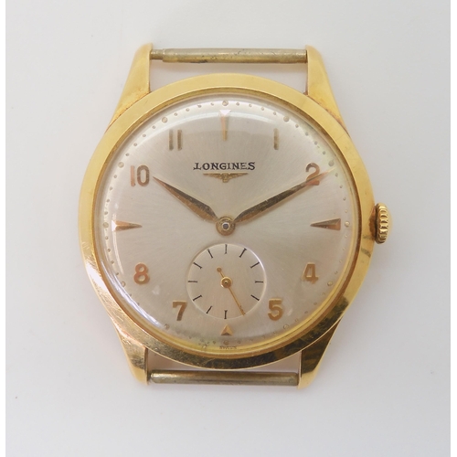 2924 - AN 18CT GOLD LONGINES AUTOMATICwatch head with brushed silvered dial, subsidiary seconds dial, chevr... 
