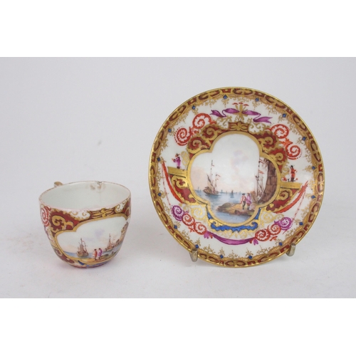 289 - A Meissen cabinet cup and saucer painted with scenes of a port, a Dresden floral basket, a Meis... 