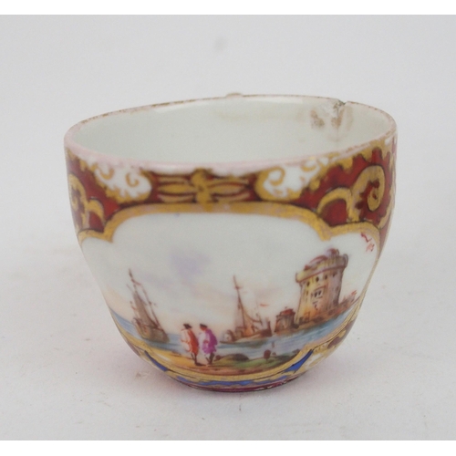 289 - A Meissen cabinet cup and saucer painted with scenes of a port, a Dresden floral basket, a Meis... 