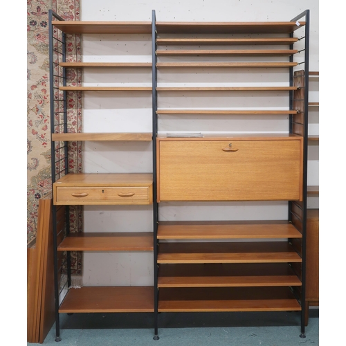 105 - A mid 20th century Staples Ladderax shelving system comprising three room divider uprights, fall fro... 