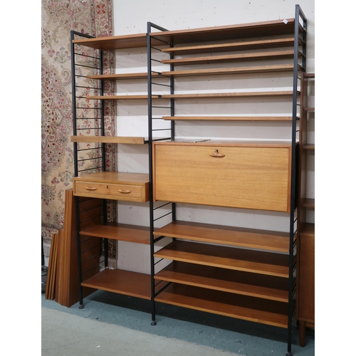 105 - A mid 20th century Staples Ladderax shelving system comprising three room divider uprights, fall fro... 