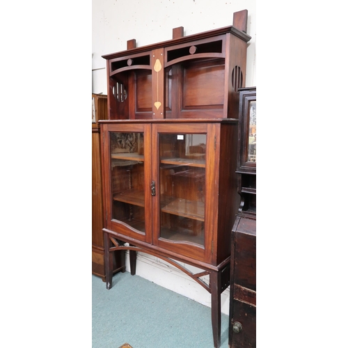 11 - A late Victorian mahogany and satinwood Arts & Crafts bookcase with open shelved superstructure ... 