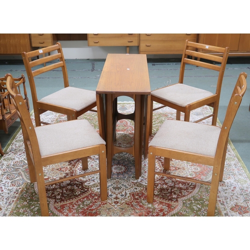 121 - A mid 20th century teak drop leaf dining table, 75cm high x 168cm long x 98cm deep and for chairs, 8... 