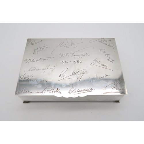 373 - A silver cigar box, by S J Rose & Son, London 1961, with engraved signatures to the lid, and a s... 