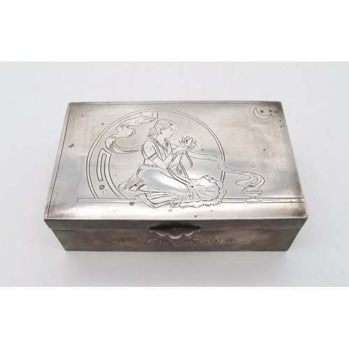 374 - An Indian white metal cigar box, of rectangular form, the lid decorated with a maiden holding a lotu... 