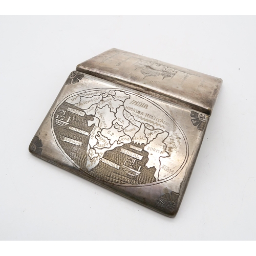 375 - An Indian white metal cigarette case, engraved with the Taj Mahal, the reverse with a map, with flow... 