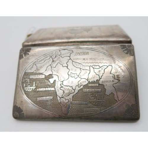 375 - An Indian white metal cigarette case, engraved with the Taj Mahal, the reverse with a map, with flow... 