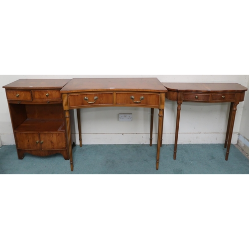 61 - A lot comprising 20th century two drawer concave front hall table on tapering supports, another serp... 