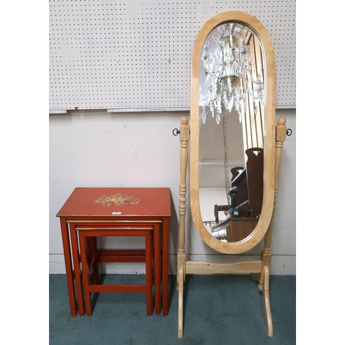 62 - A lot comprising 20th century Oriental style nest of three tables and a beech framed cheval mirror (... 