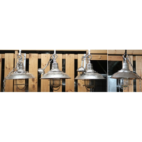 66 - A lot of four 20th century steel shaded harbour style ceiling lights with caged glass shades (one la... 