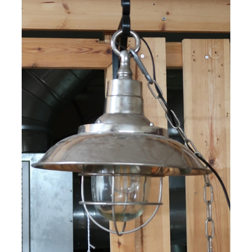 66 - A lot of four 20th century steel shaded harbour style ceiling lights with caged glass shades (one la... 