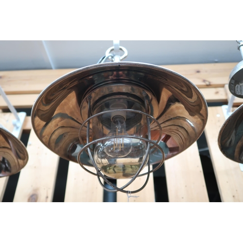 66 - A lot of four 20th century steel shaded harbour style ceiling lights with caged glass shades (one la... 