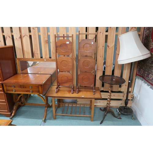 68 - A mixed lot to include 20th century yew wood drop end sofa table, teak coffee table inlaid with a ma... 