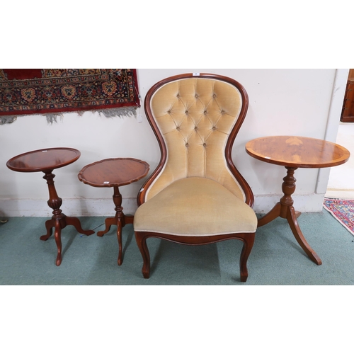 69 - A 20th century mahogany framed spoon back parlour chair and three assorted tripod based occasional t... 