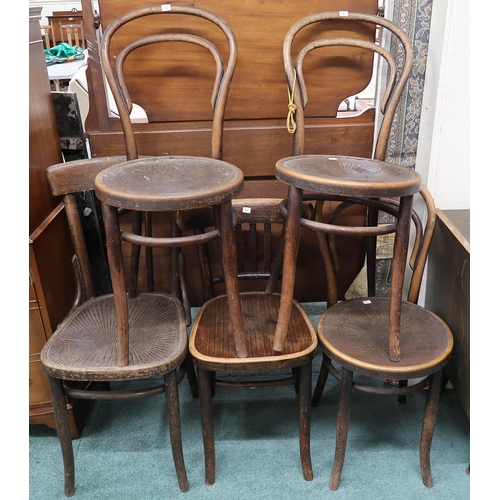 76 - A lot comprising three Czechoslovakian Mundus bent wood cafe chairs and two other assorted bentwood ... 