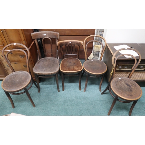 76 - A lot comprising three Czechoslovakian Mundus bent wood cafe chairs and two other assorted bentwood ... 