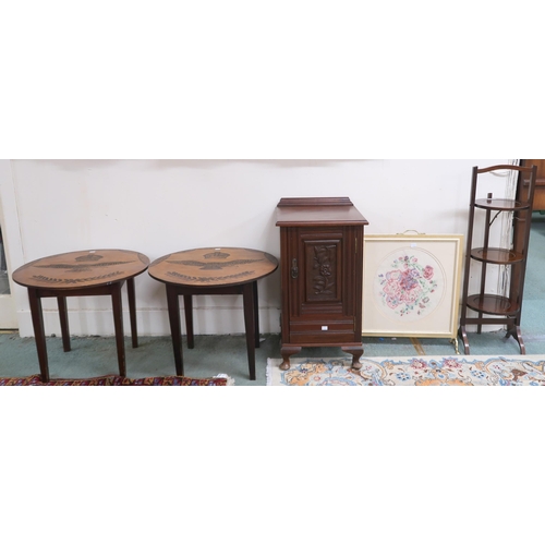 77 - A lot comprising pair of circular topped occasional tables carved with the RAF emblem, mahogany beds... 