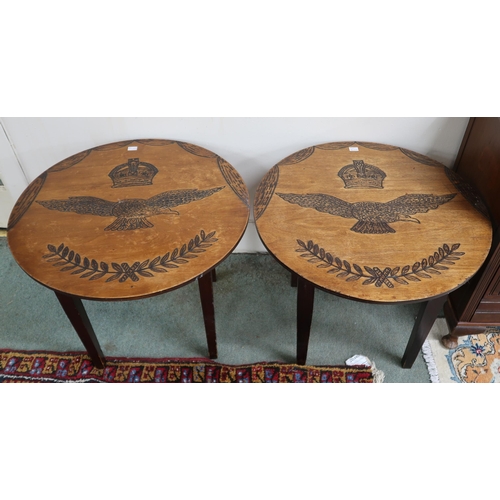 77 - A lot comprising pair of circular topped occasional tables carved with the RAF emblem, mahogany beds... 