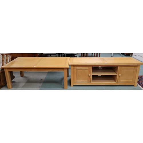 85 - A lot comprising contemporary blonde oak television table with central open shelves flanked by cabin... 