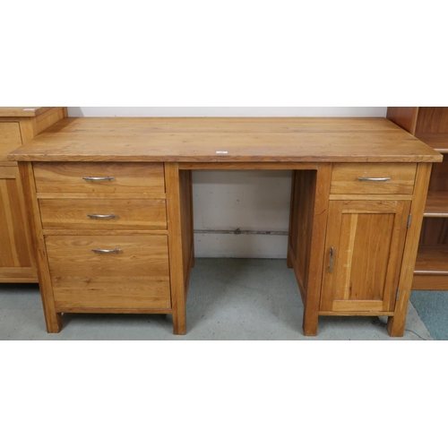 95 - A contemporary oak pedestal desk three drawer pedestal alongside pedestal with single drawer over ca... 