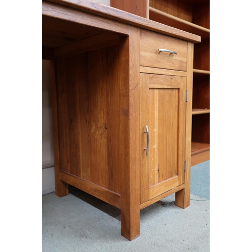 95 - A contemporary oak pedestal desk three drawer pedestal alongside pedestal with single drawer over ca... 