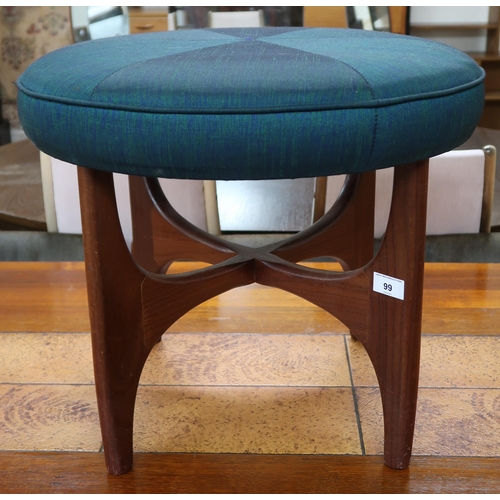 99 - A mid 20th century teak framed G Plan circular seated dressing stool with green upholstery, 44cm hig... 