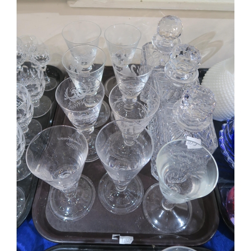 203 - Six Waterford wine glasses, other drinking glasses, a pair of crystal decanters, a set of three deca... 