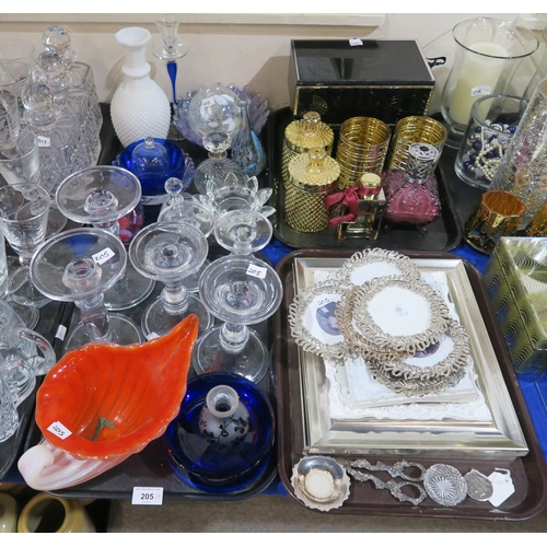 205 - A collection of decorative glassware including candlesticks, lidded jars, tealight holders, glass bo... 