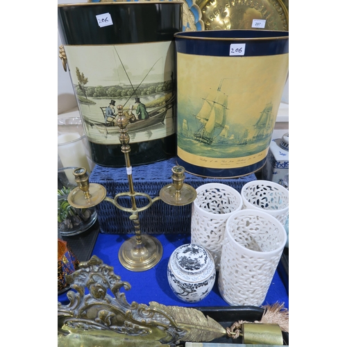 206 - A pair of hurricane lamps, glass boxes, toleware style bins, brass latter rack and inkwell, decorati... 