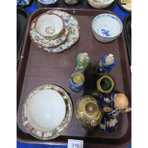 210 - Assorted Chinese rice bowls and spoons, a model of a cat, Chinese figures etc