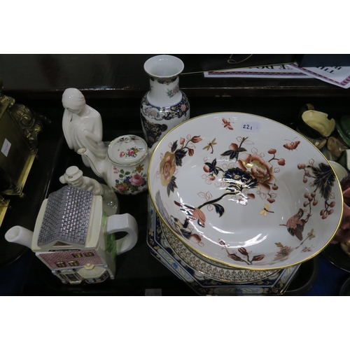 221 - A Coalport Hong Kong pattern bowl, an Enesco figure, a large decorative ceramic egg trinket box etc