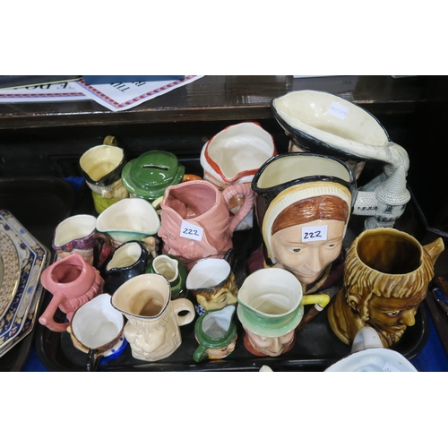 222 - Assorted toby and character jugs, assorted compacts, a jewellery chest etc