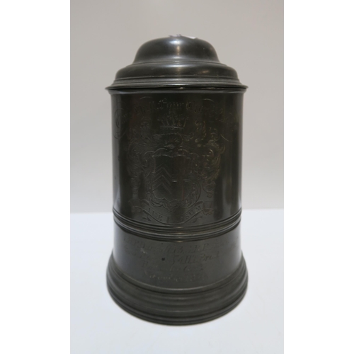 224 - A pewter tankard by Watt and Harton inscribed Clare Hall Four Oared Races, November 1854, other pewt... 