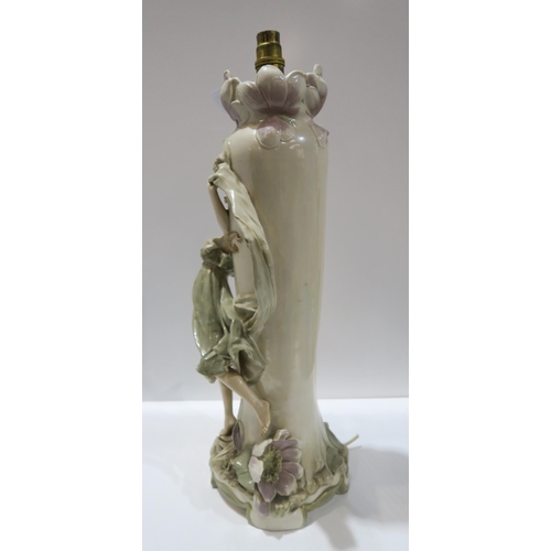 240 - A Royal Dux porcelain table lamp, of vase form moulded with a maiden and water lilies