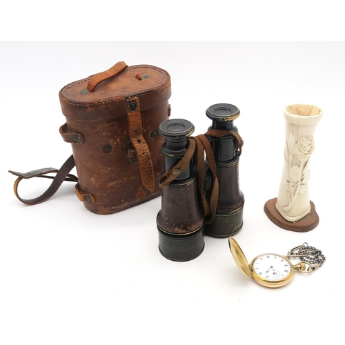 439 - A pair of WW1-era military issue binoculars by LeMaire, Paris, the tan leather case stamped 