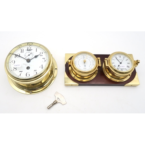 444 - A brass ship's bulkhead clock by Kelvin, Bottomley & Baird, Glasgow, the white enamelled dial wi... 