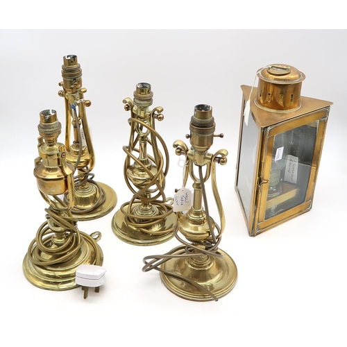 448 - Four polished brass ship's gimble wall/table lamps, two with handwritten labels attached stating tha... 