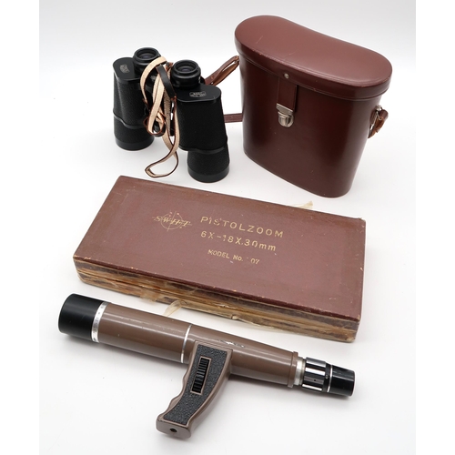 457 - A cased pair of Carl Zeiss Jena Jenoptem 10x50W binoculars, together with a boxed Swift Pistolzoom 6... 