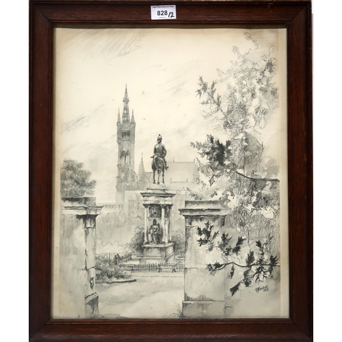 828 - W. J. MASKELLVIEW FROM KELVINGROVE PARKDrawing, signed lower right, dated 1969Together with a photog... 