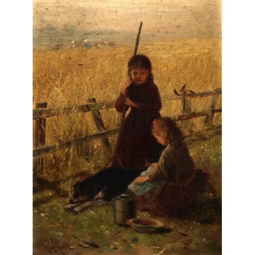 838 - BURNETTSHEPHERDESS PLAYING WITH A DOGOil on board, signed lower left, dated 1874, 19.5 x 14cmTogethe... 