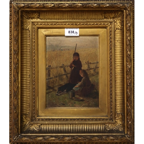 838 - BURNETTSHEPHERDESS PLAYING WITH A DOGOil on board, signed lower left, dated 1874, 19.5 x 14cmTogethe... 