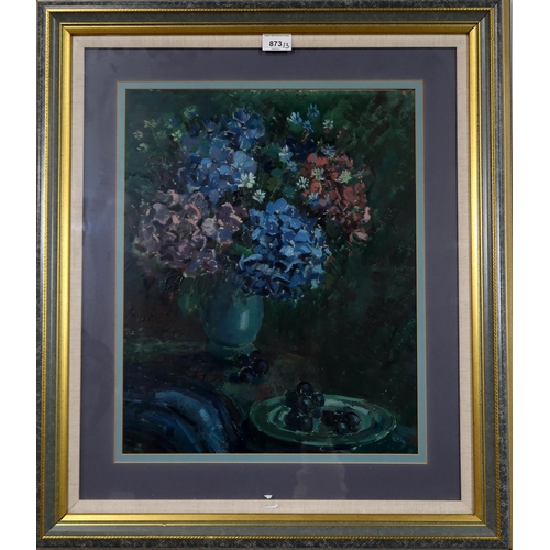 873 - CONTINENTAL SCHOOL STILL LIFE WITH HYDRANGEA Oil on board, indistinctly signed lower right, 47 x 38c... 