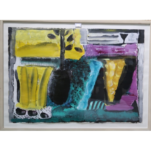 883 - CONTEMPORARY SCHOOLSTILL LIFE WITH BLACK VASEAcrylic on paper, indistinctly monogrammed 'A.J', dated... 