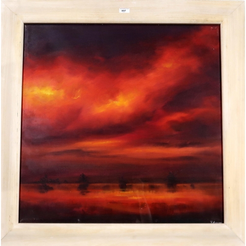 897 - SCOTTISH CONTEMPORARYSUNSETAcrylic on board, signed lower 'P. Thompson', 74 x 74cm... 