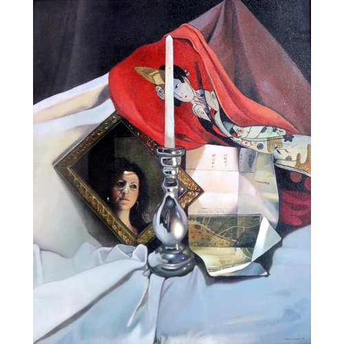 901 - CONTEMPORARY SCHOOLSTILL LIFE WITH MIRROR PORTRAITOil on canvas, signed lower right 'S. Higginson', ... 