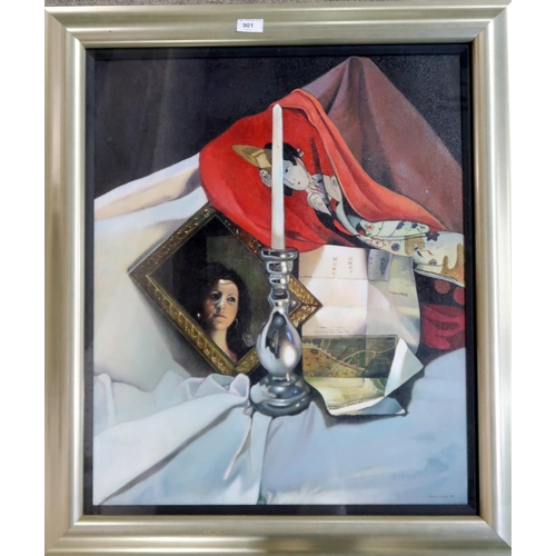 901 - CONTEMPORARY SCHOOLSTILL LIFE WITH MIRROR PORTRAITOil on canvas, signed lower right 'S. Higginson', ... 