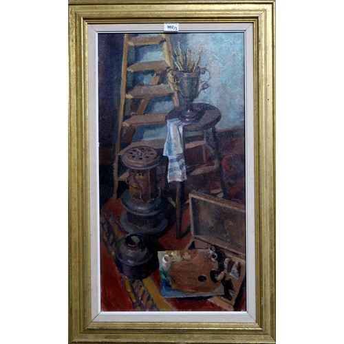 902 - EUAN CAMERON (SCOTTISH CONTEMPORARY)CORNER OF THE STUDIOOil on canvas, signed lower right, 76 x 41cm... 