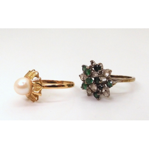 614 - A 9ct gold green and clear gem retro cluster ring, size N1/2, together with a bright yellow metal pe... 